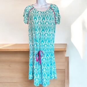 Hatley Teal and White Patterned Dress pink accent drop waist with tie sz Sm